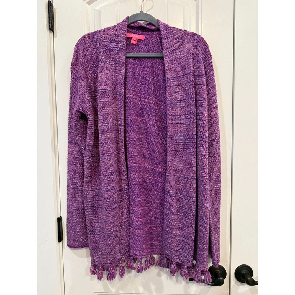 Lilly‎ Pulitzer Tova Cardigan Sz L – Purple Berry Metallic Open Front Tassel Hem